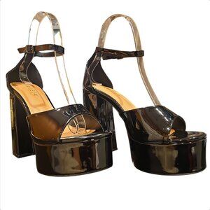 Metallic Black Platform High Heel Ankle Strap Sandals Glossy Patent Faux Leather